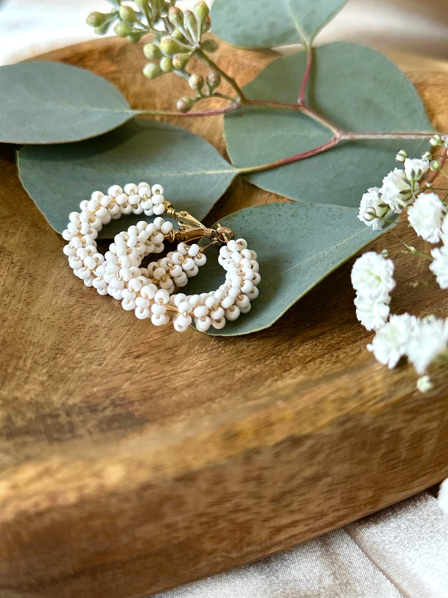 Vanilla Beaded Hoop Earrings