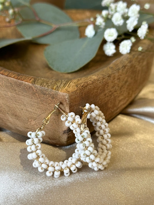 Vanilla Beaded Hoop Earrings